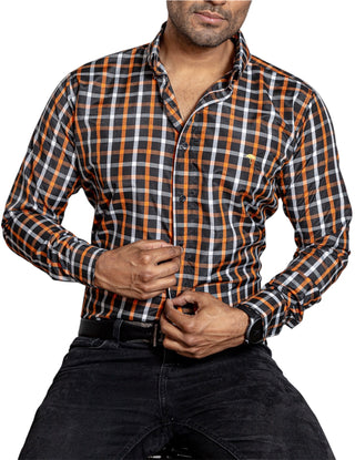 Camisa Hombre Casual Cuadros Negros, Naranja, Blancos