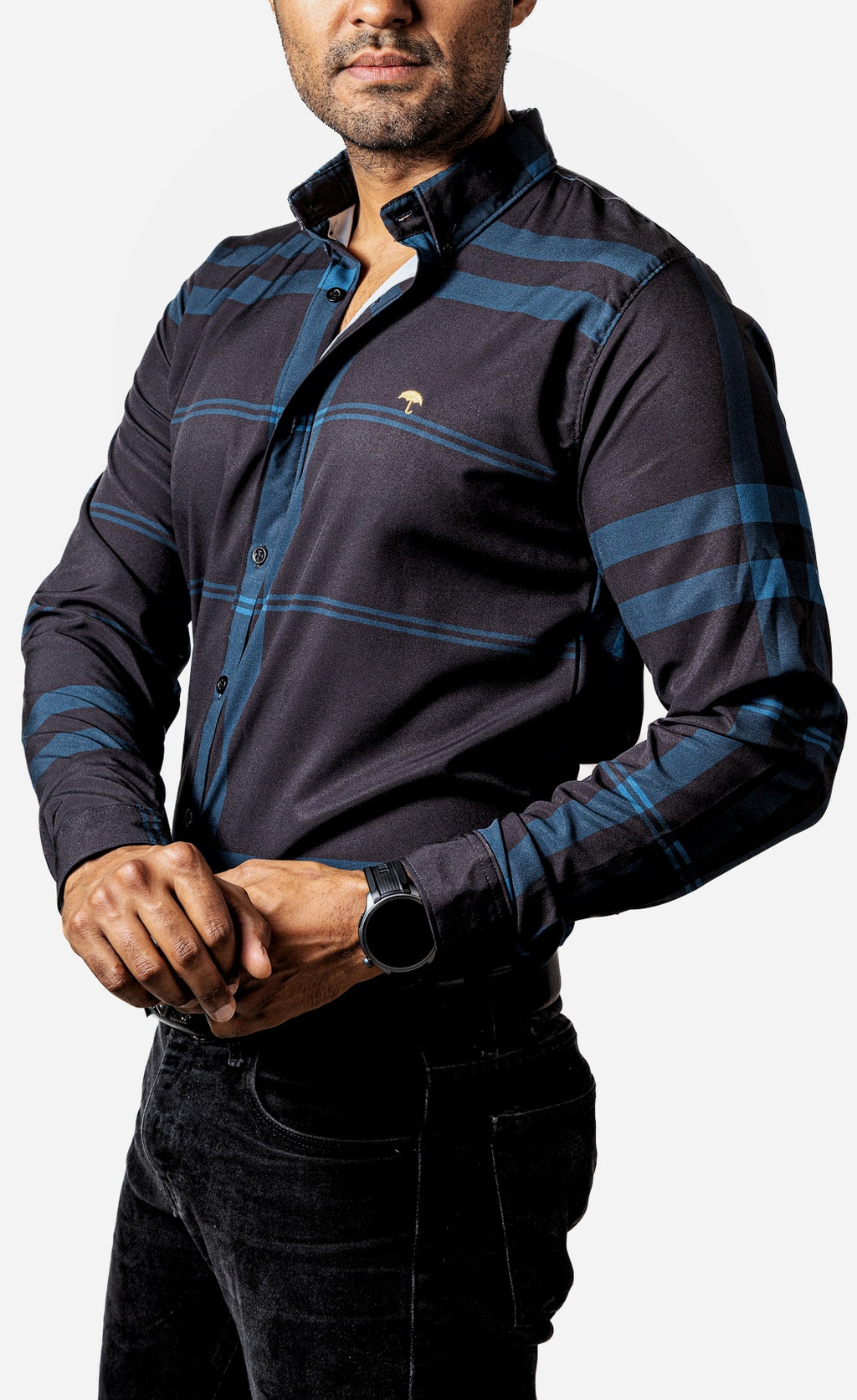 Men's Casual Black Shirt with Blue Lines