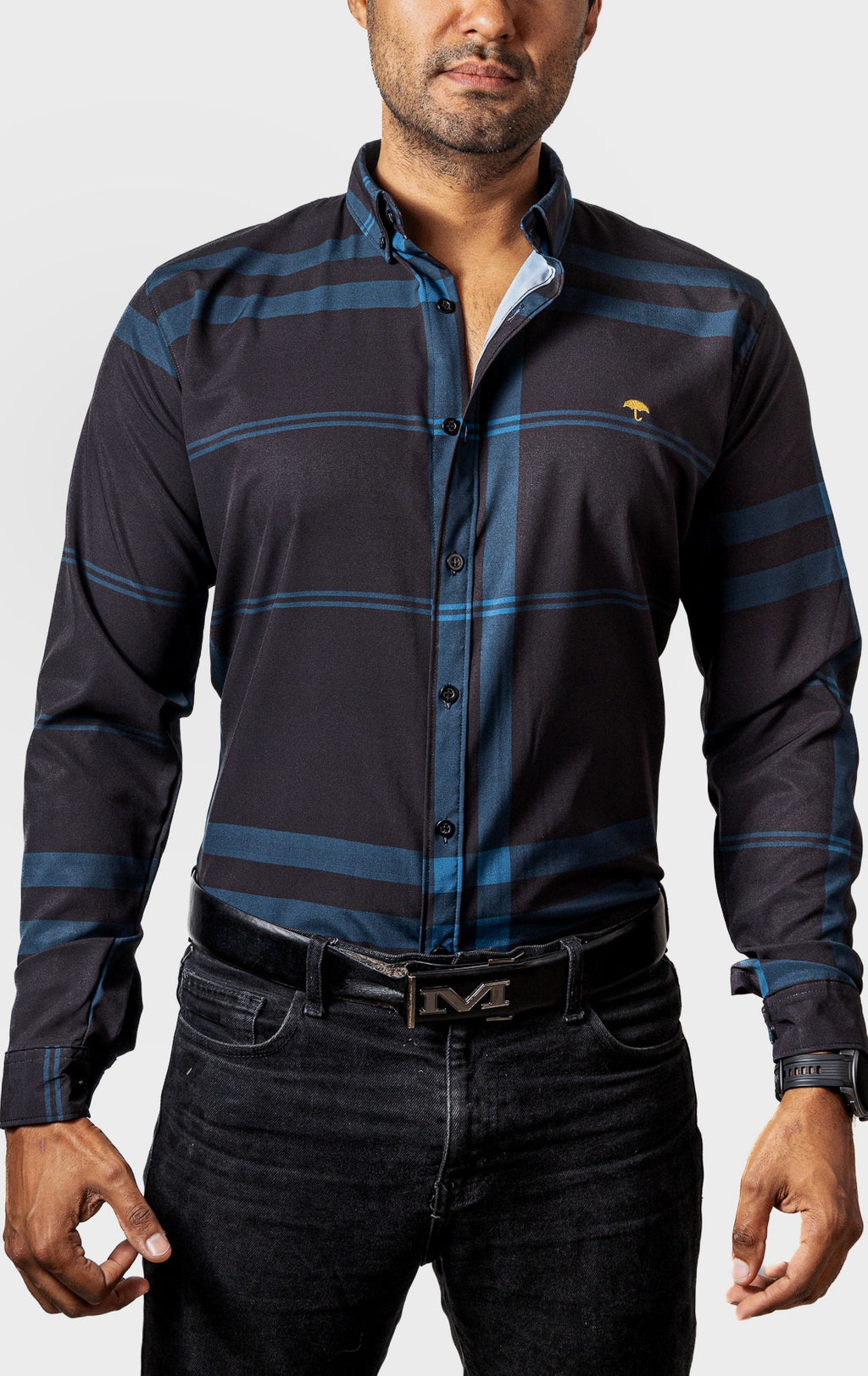 Men's Casual Black Shirt with Blue Lines