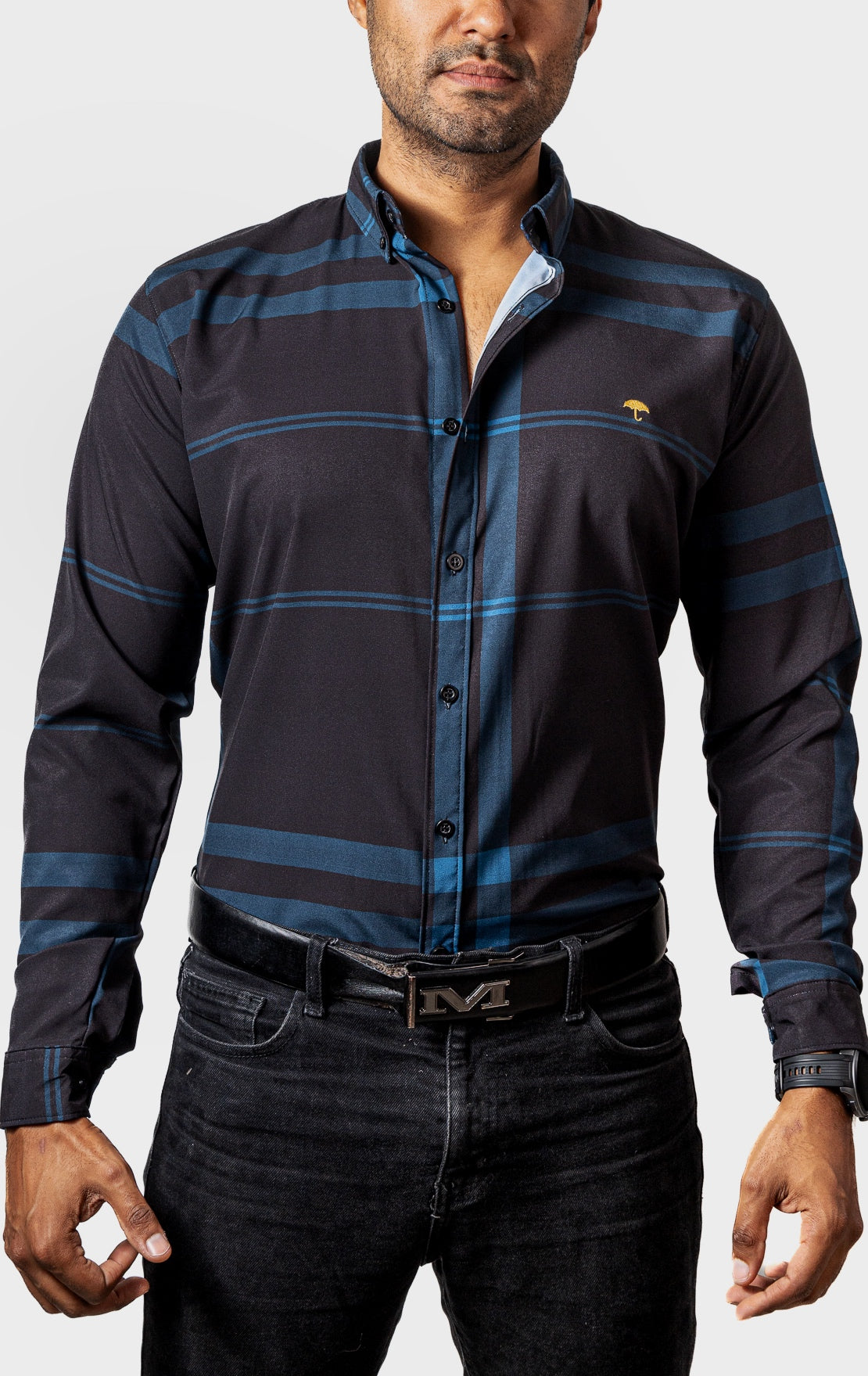 Men's Casual Black Shirt with Blue Lines