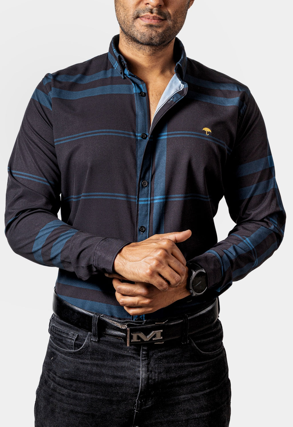 Men's Casual Black Shirt with Blue Lines