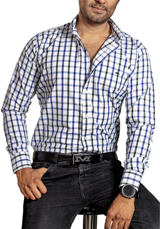 Camisa Hombre Casual Cuadros Blancos Lineas Negras, Azul