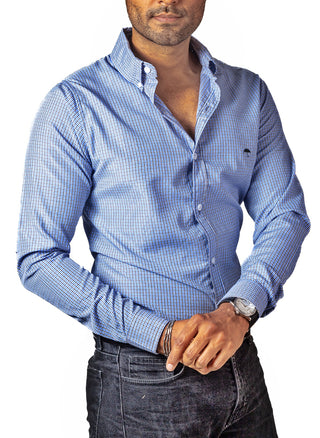 Camisa Hombre Casual Mini Cuadros Azul Oscuro, Blancos