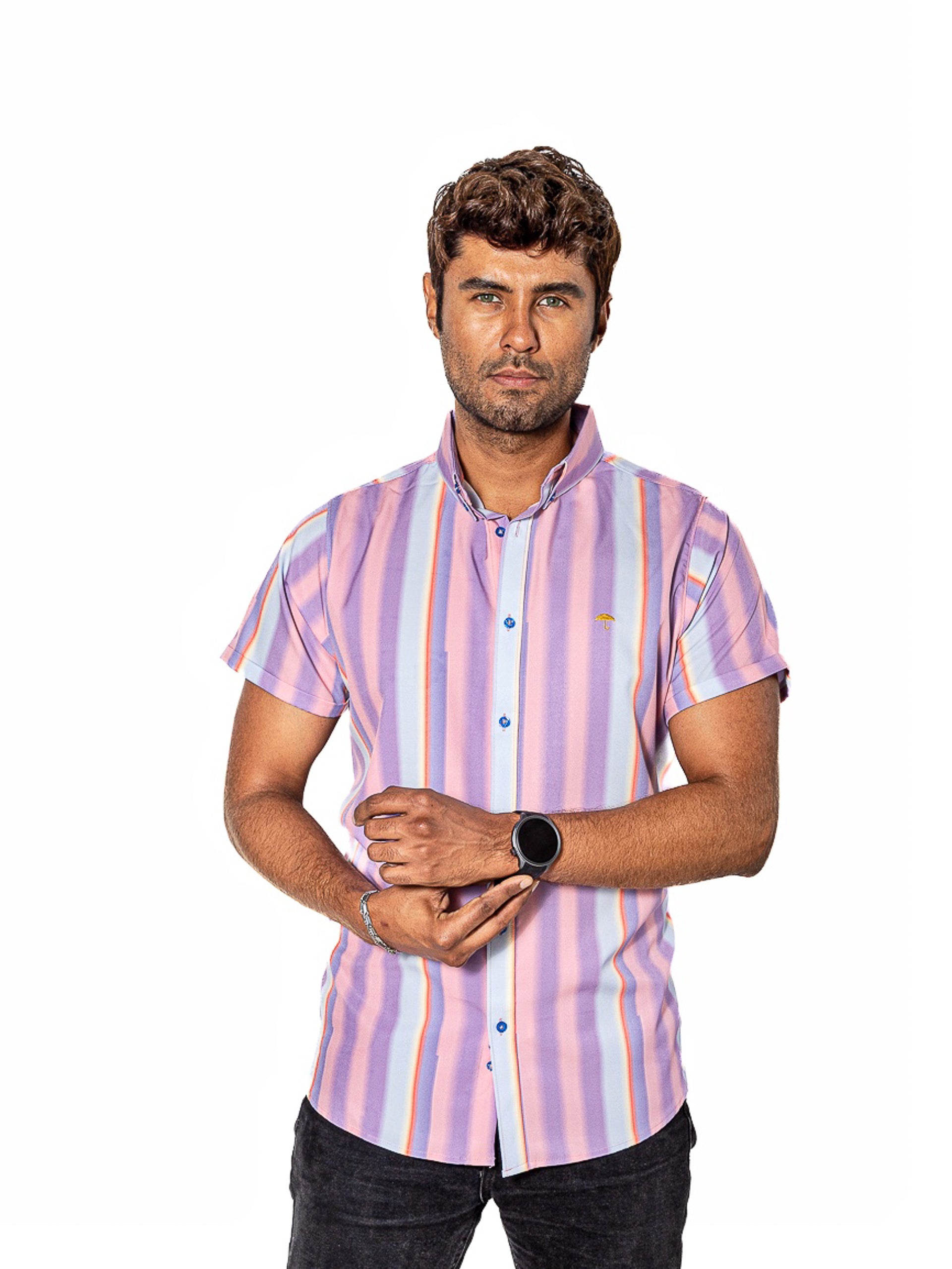 Camisa Hombre Casual Slim Fit Rayas Rosas, Purpuras - 34 (S)-Tiendas Platino