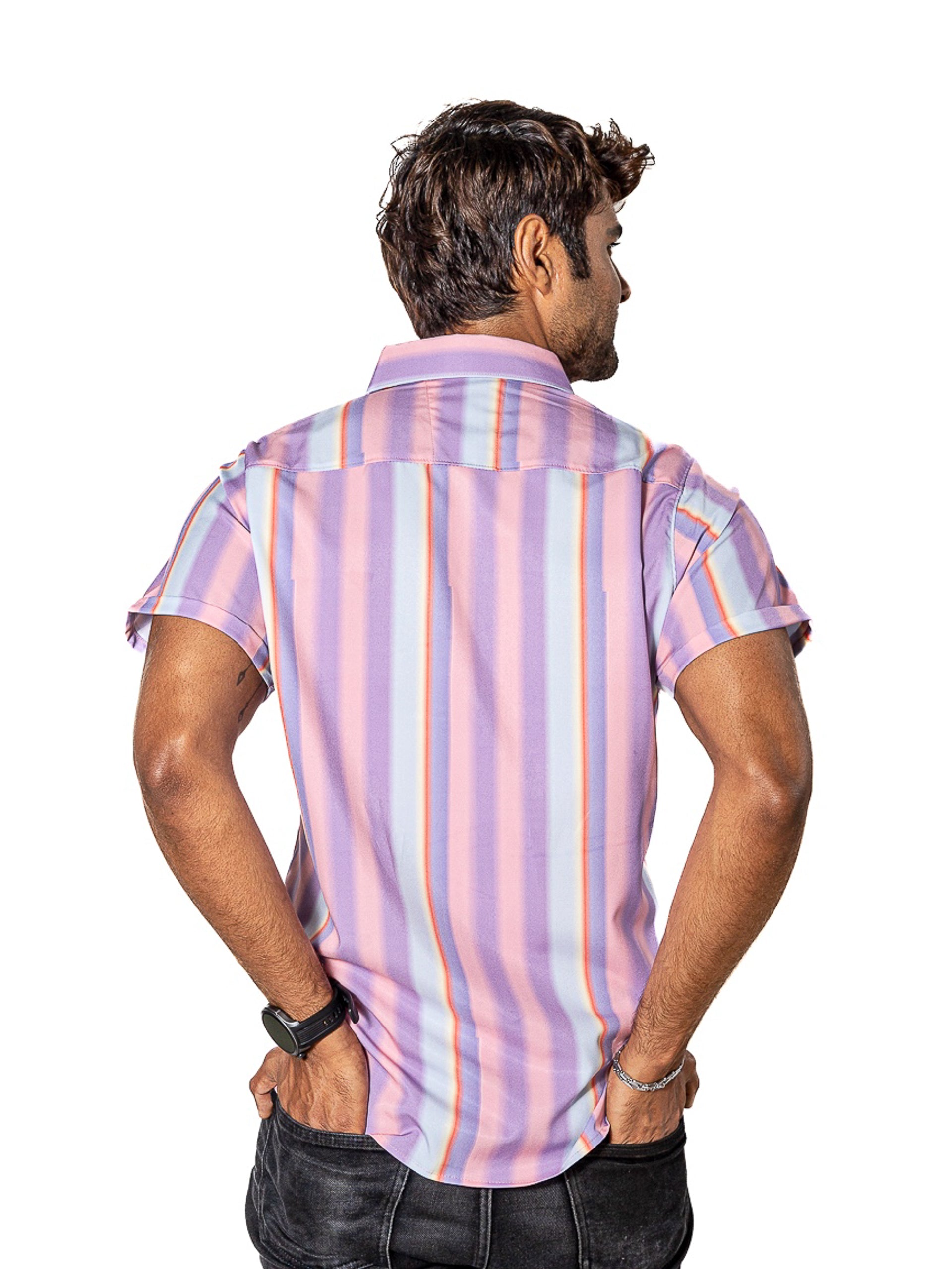 Camisa Hombre Casual Slim Fit Rayas Rosas, Purpuras - 34 (S)-Tiendas Platino