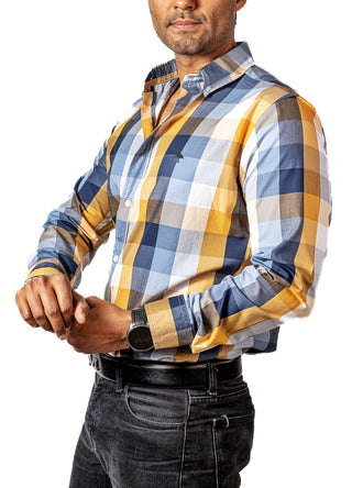 Camisa Hombre Casual Cuadros Amarillos, Grises, Blancos