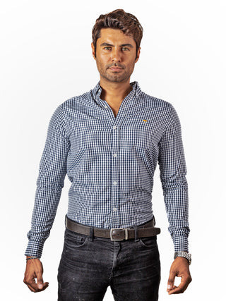 Camisa Hombre Casual Regular Fit Mini Cuadros Negros, Blancos