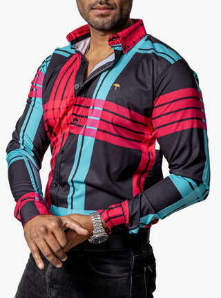 Camisa Casual Hombre, Negra Líneas Rosa Y Azul Turqueza - Tiendas Platino Camisas Hombre 34 (S)