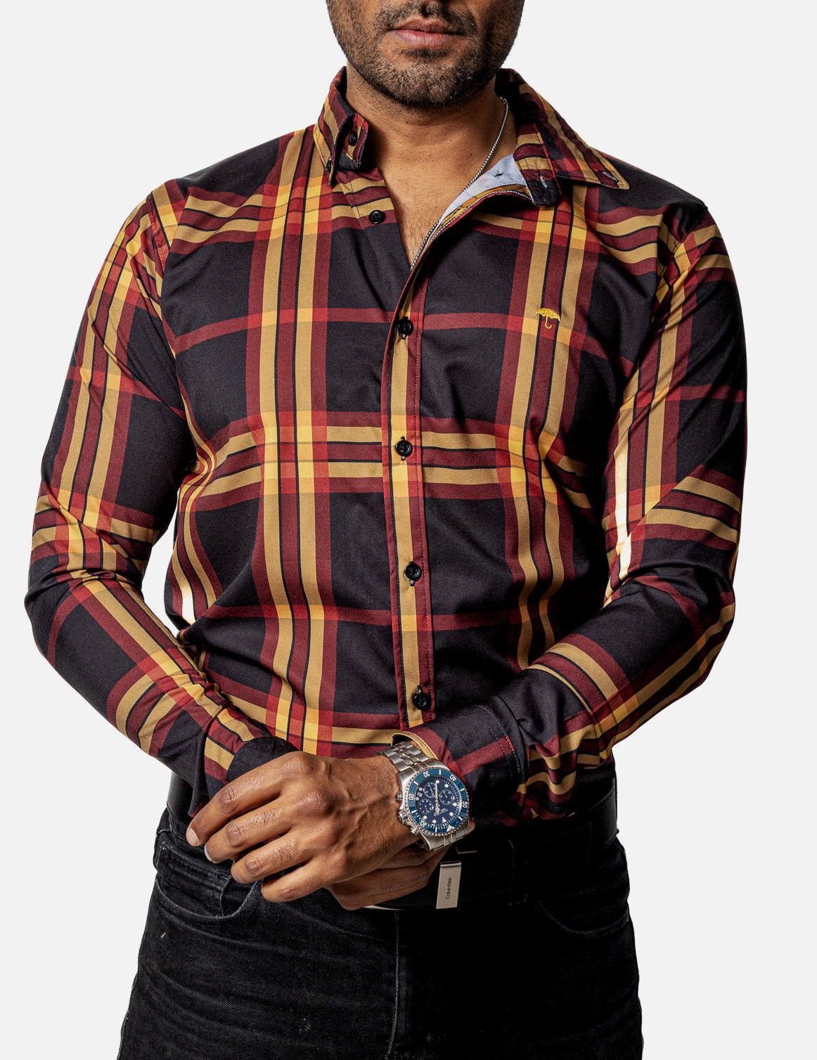 Men's Casual Shirt, Black with Red and Yellow Lines