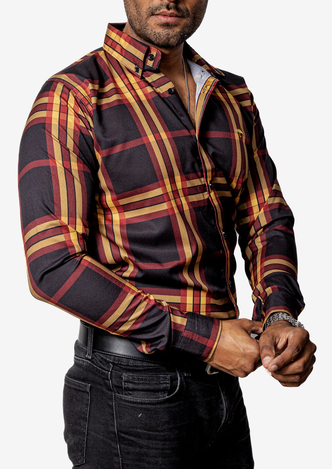Men's Casual Shirt, Black with Red and Yellow Lines