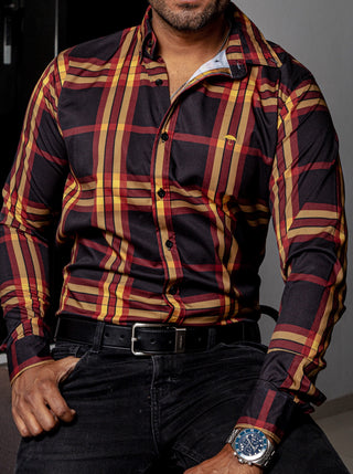 Men's Casual Shirt, Black with Red and Yellow Lines