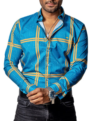 Camisa Casual Hombre, Azul Líneas Doradas Y Blancas