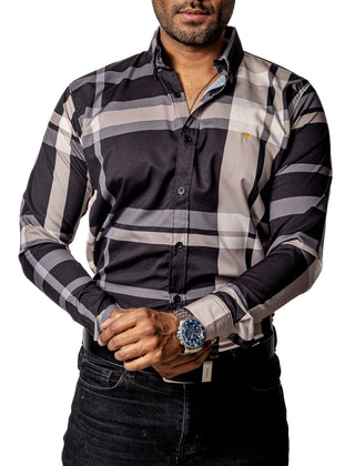 Camisa Casual Hombre, Negra Líneas Beige Y Gris