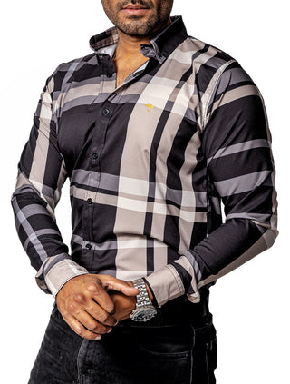 Camisa Casual Hombre, Negra Líneas Beige Y Gris