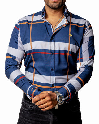 Camisa Casual Hombre,azul  Marino Líneas Doradas, Rojo Y Gris