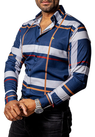 Camisa Casual Hombre,azul  Marino Líneas Doradas, Rojo Y Gris