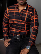 Camisa Casual Hombre, Negra Líneas Naranja - 34 (S)-Tiendas Platino