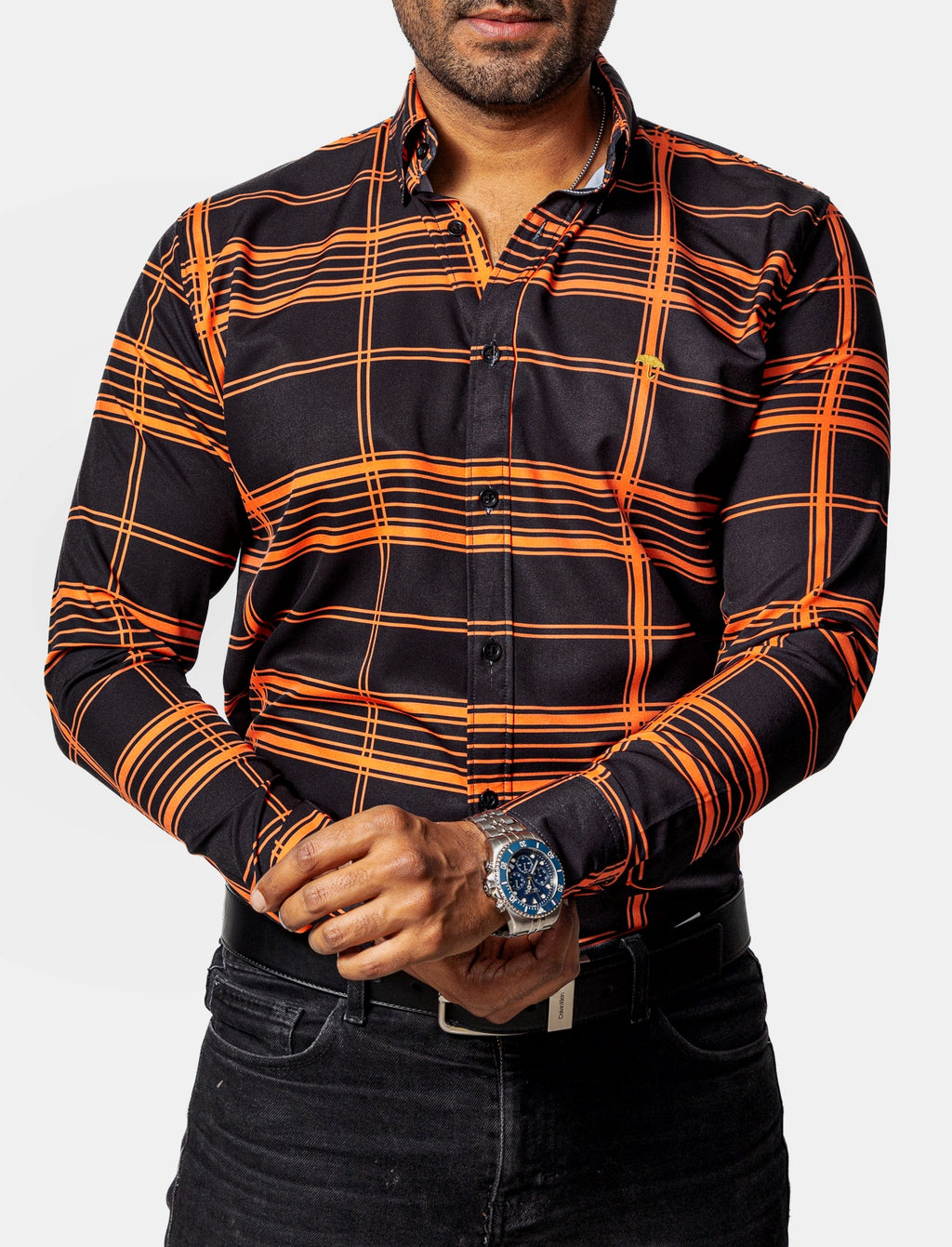 Camisa Casual Hombre, Negra Líneas Naranja - 34 (S)-Tiendas Platino