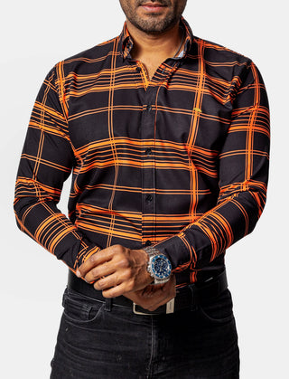 Camisa Casual Hombre, Negra Líneas Naranja