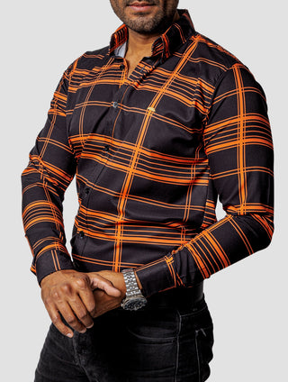 Camisa Casual Hombre, Negra Líneas Naranja