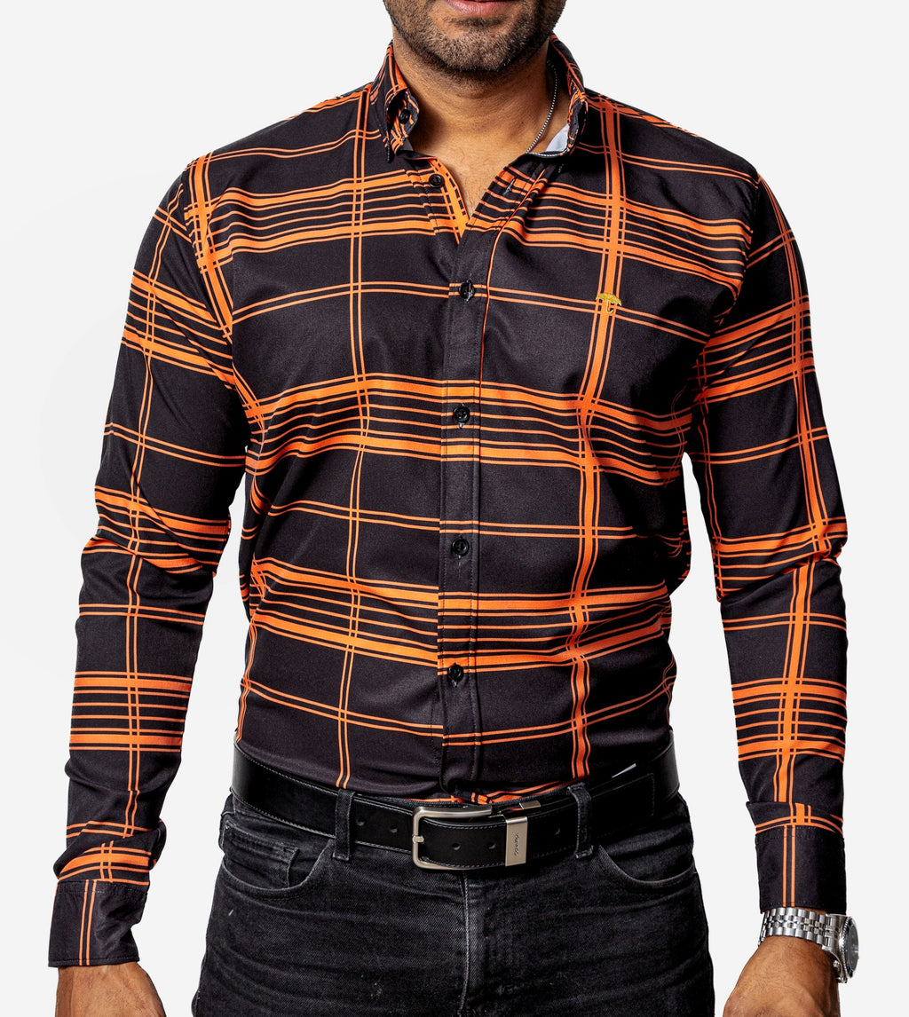 Camisa Casual Hombre, Negra Líneas Naranja - 34 (S)-Tiendas Platino