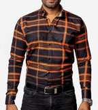 Camisa Casual Hombre, Negra Líneas Naranja - 34 (S)-Tiendas Platino