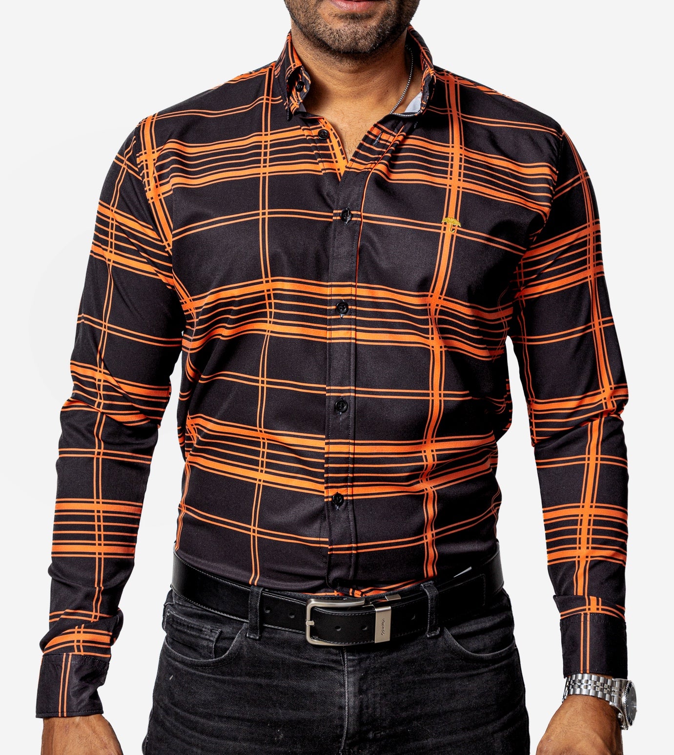 Camisa Casual Hombre, Negra Líneas Naranja - 34 (S)-Tiendas Platino