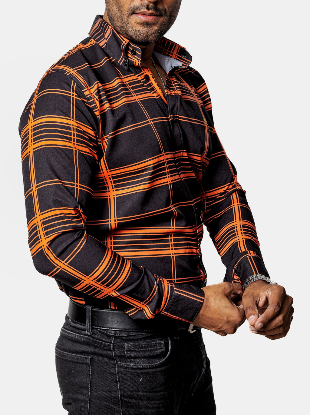 Camisa Casual Hombre, Negra Líneas Naranja - 34 (S)-Tiendas Platino