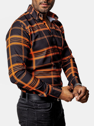 Camisa Casual Hombre, Negra Líneas Naranja