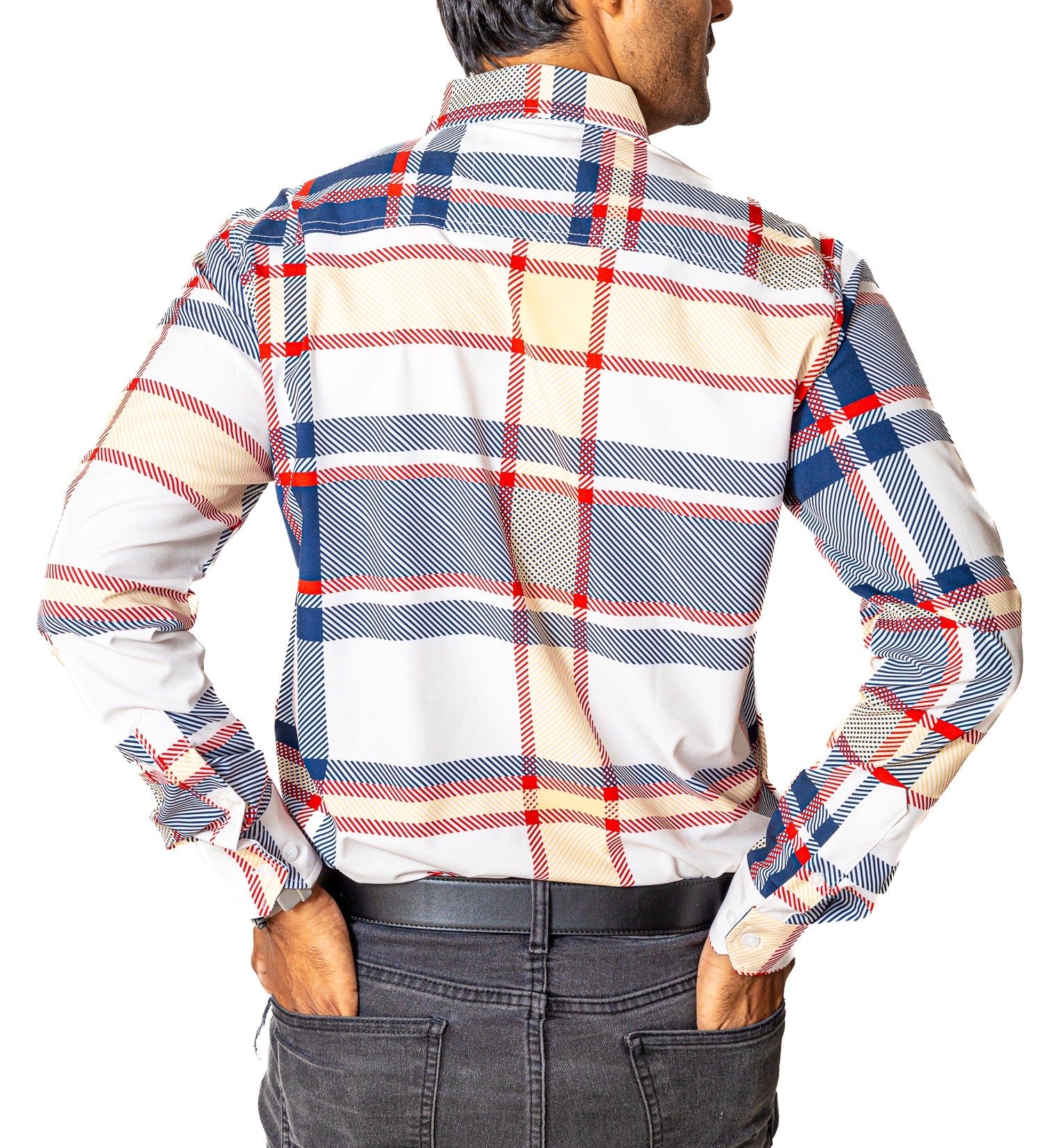 Camisa Hombre Casual Hueso Líneas Morado Rojo y Amarillo