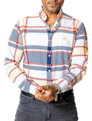 Camisa Hombre Casual Hueso Líneas Morado Rojo y Amarillo