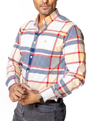 Camisa Hombre Casual Hueso Líneas Morado Rojo y Amarillo