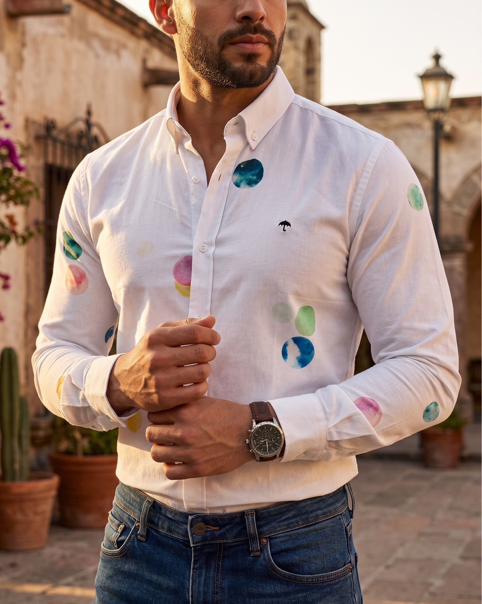Camisa Hombre Casual Figuras Cosmic Voyager White | Moon & Rain