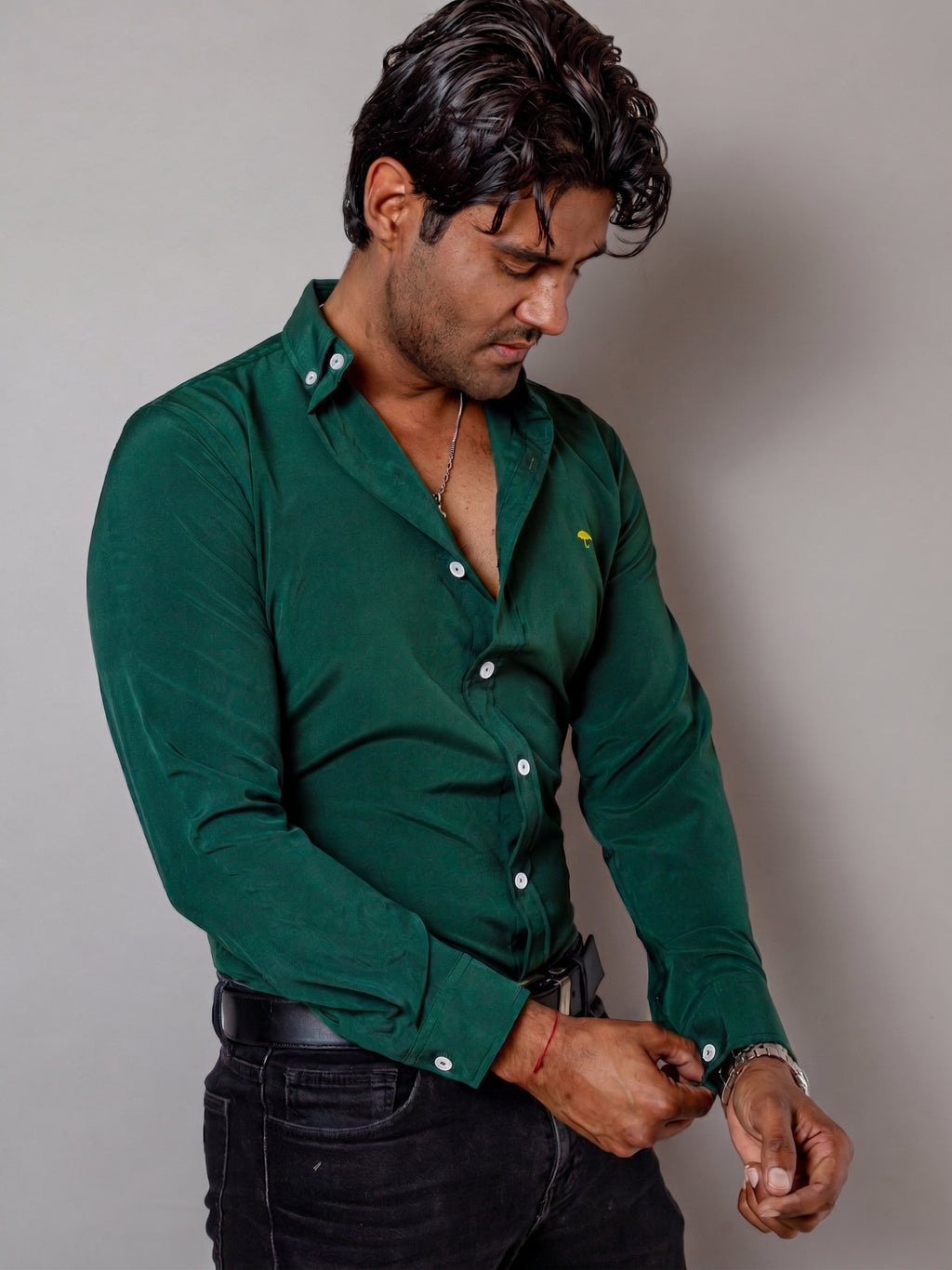 Camisa Hombre Casual Verde Oscuro Lisa