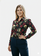 Camisa Hombre Casual Negra Rosas Rojas & Calaveras