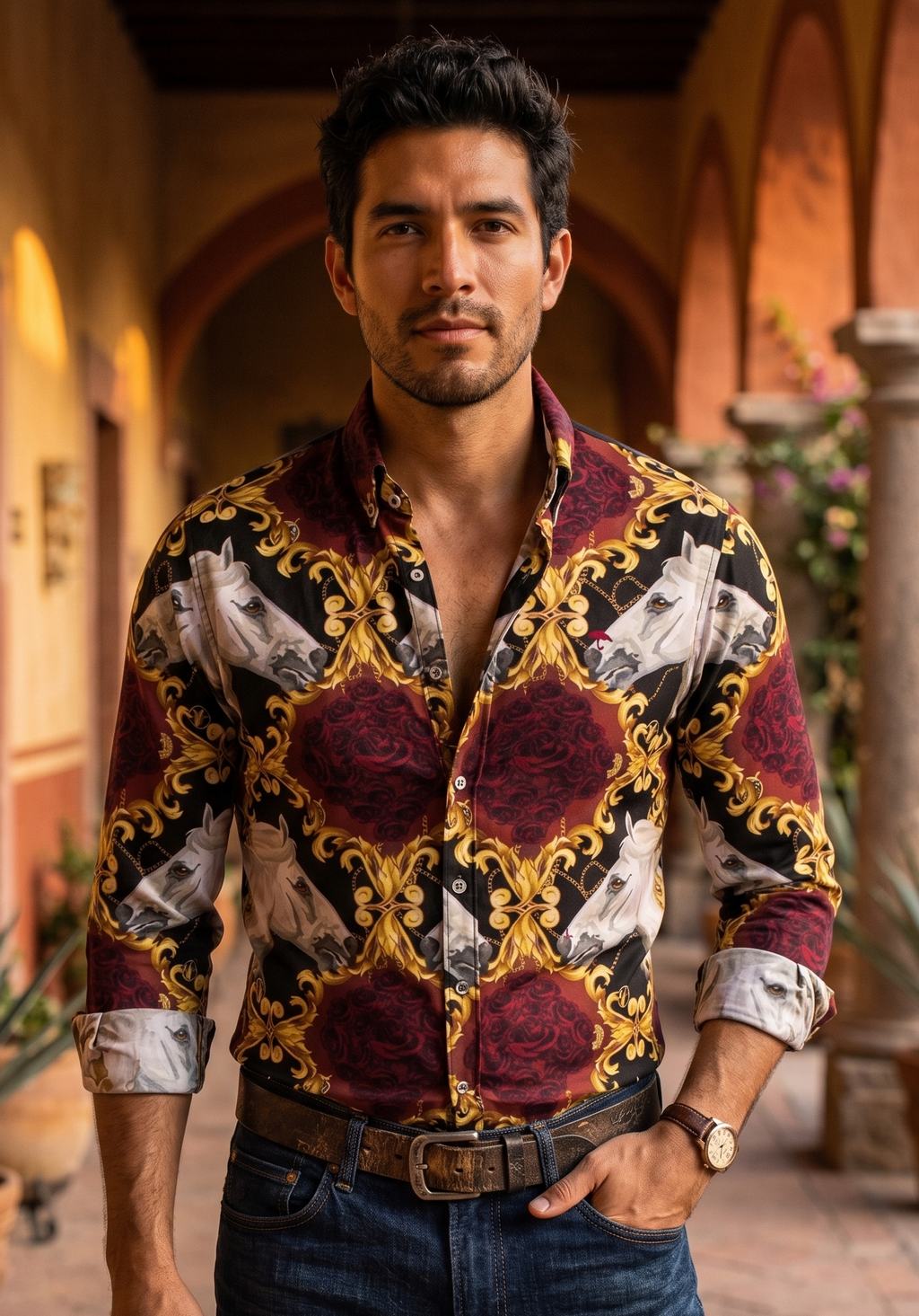 Camisa Hombre Estampado Blanco Rosa — Ivory Rose | Moon & Rain
