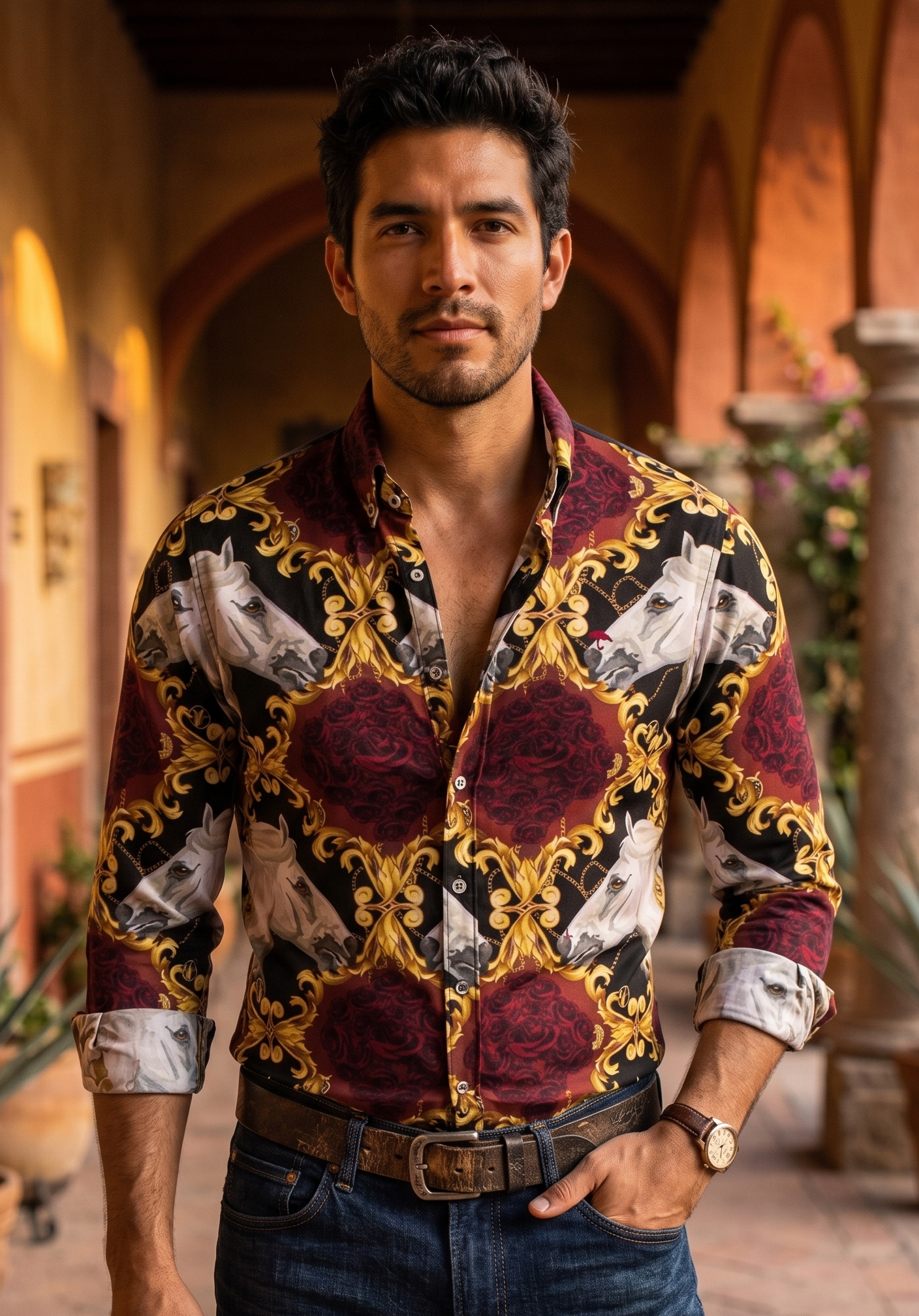 Camisa Hombre Estampado Blanco Rosa — Ivory Rose | Moon & Rain