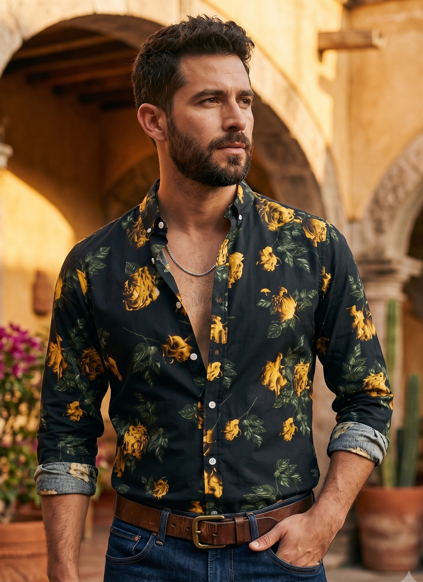 Camisa Hombre Estampado Negro Rosa — Golden Rose | Moon & Rain