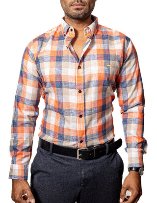 Camisa Hombre Casual Cuadros Marino, Naranja, Beige