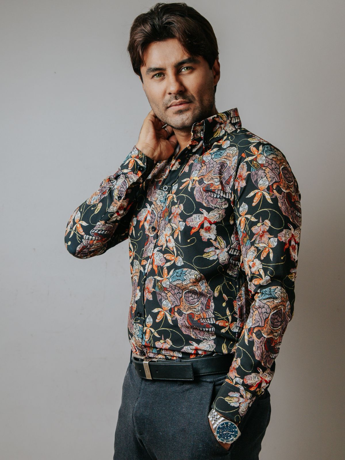 Camisa Hombre Casual Slim Fit Camisa Calavera Otoñal