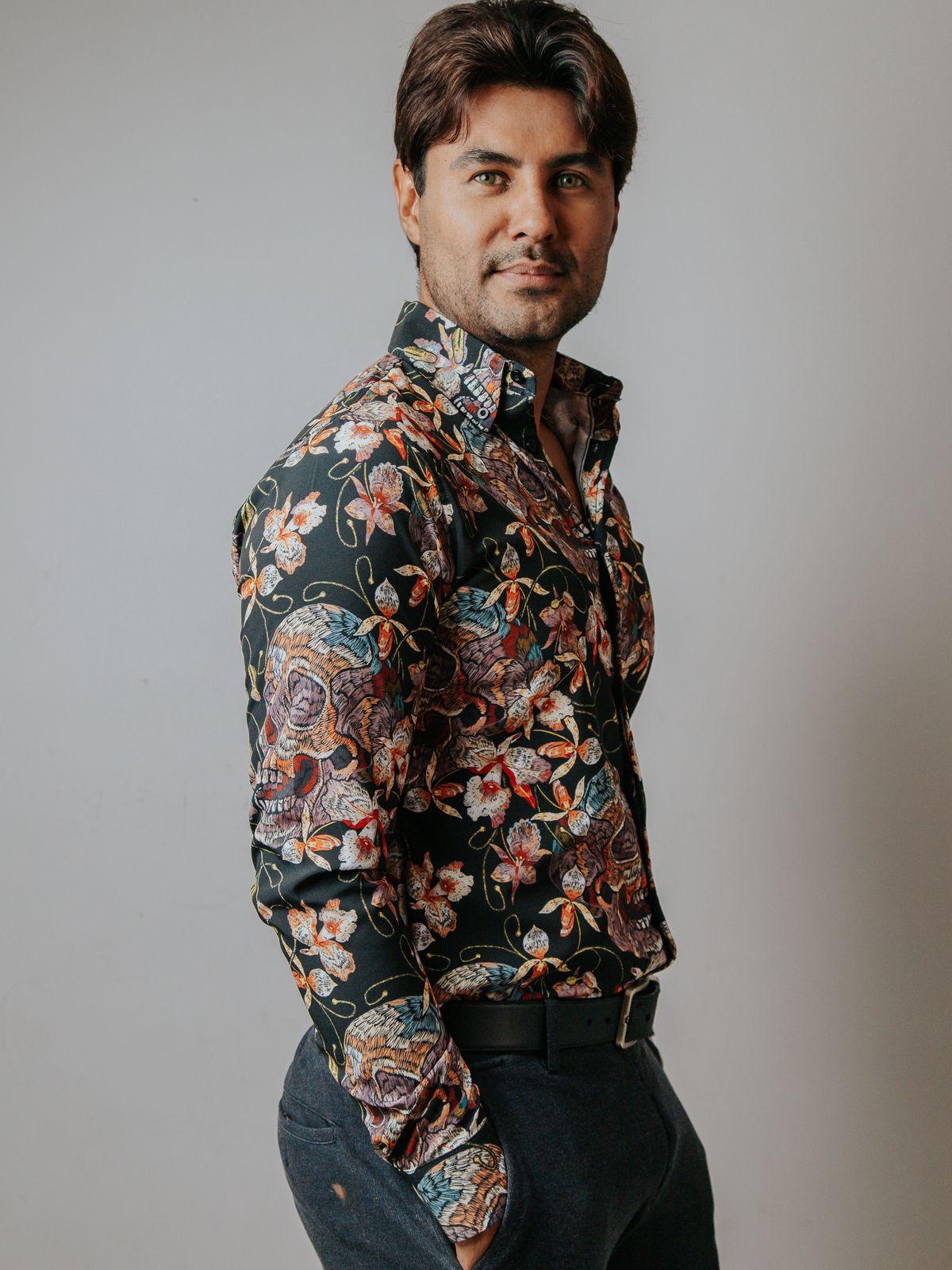 Camisa Hombre Casual Slim Fit Camisa Calavera Otoñal