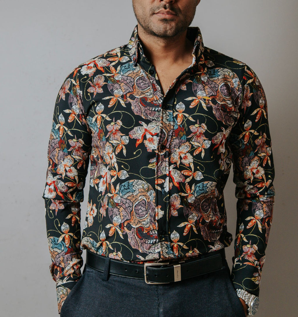Camisa Hombre Casual Slim Fit Camisa Calavera Otoñal