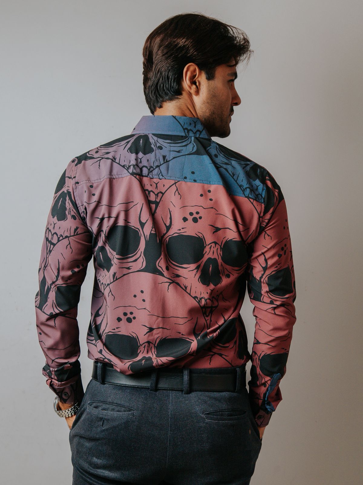 Camisa Hombre Casual Slim Fit Azul Y Rosa Mate Calaveras