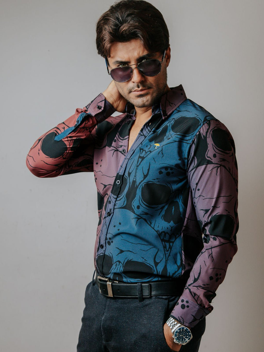 Camisa Hombre Casual Slim Fit Azul Y Rosa Mate Calaveras