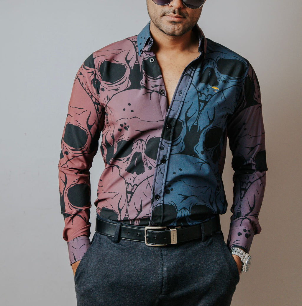 Camisa Hombre Casual Slim Fit Azul Y Rosa Mate Calaveras