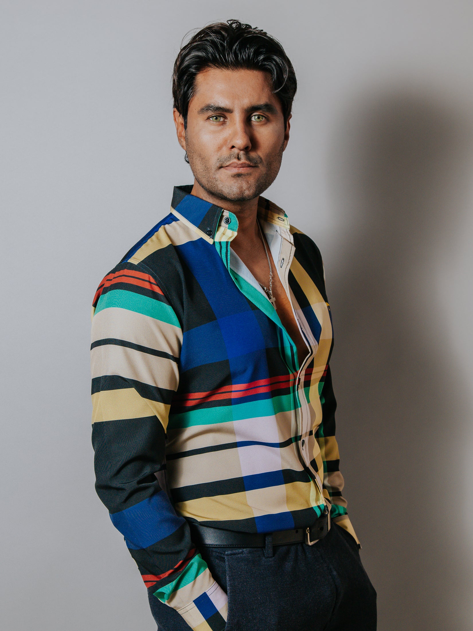 Camisa Casual Hombre, Negro Cuadros Colores - 34 (S)-Tiendas Platino