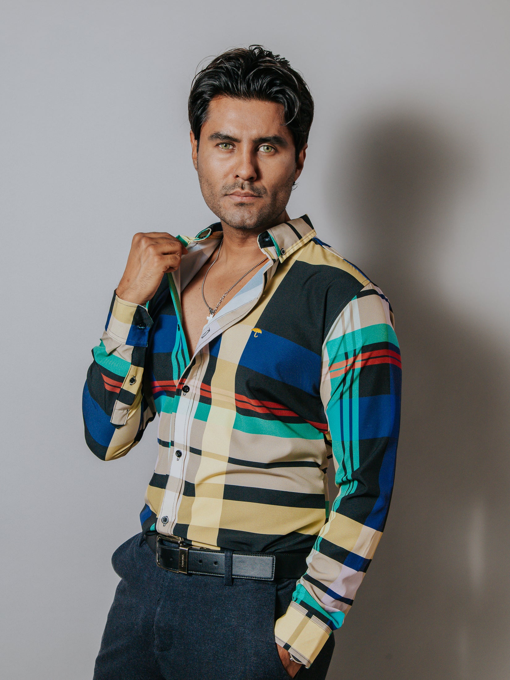 Camisa Casual Hombre, Negro Cuadros Colores - 34 (S)-Tiendas Platino