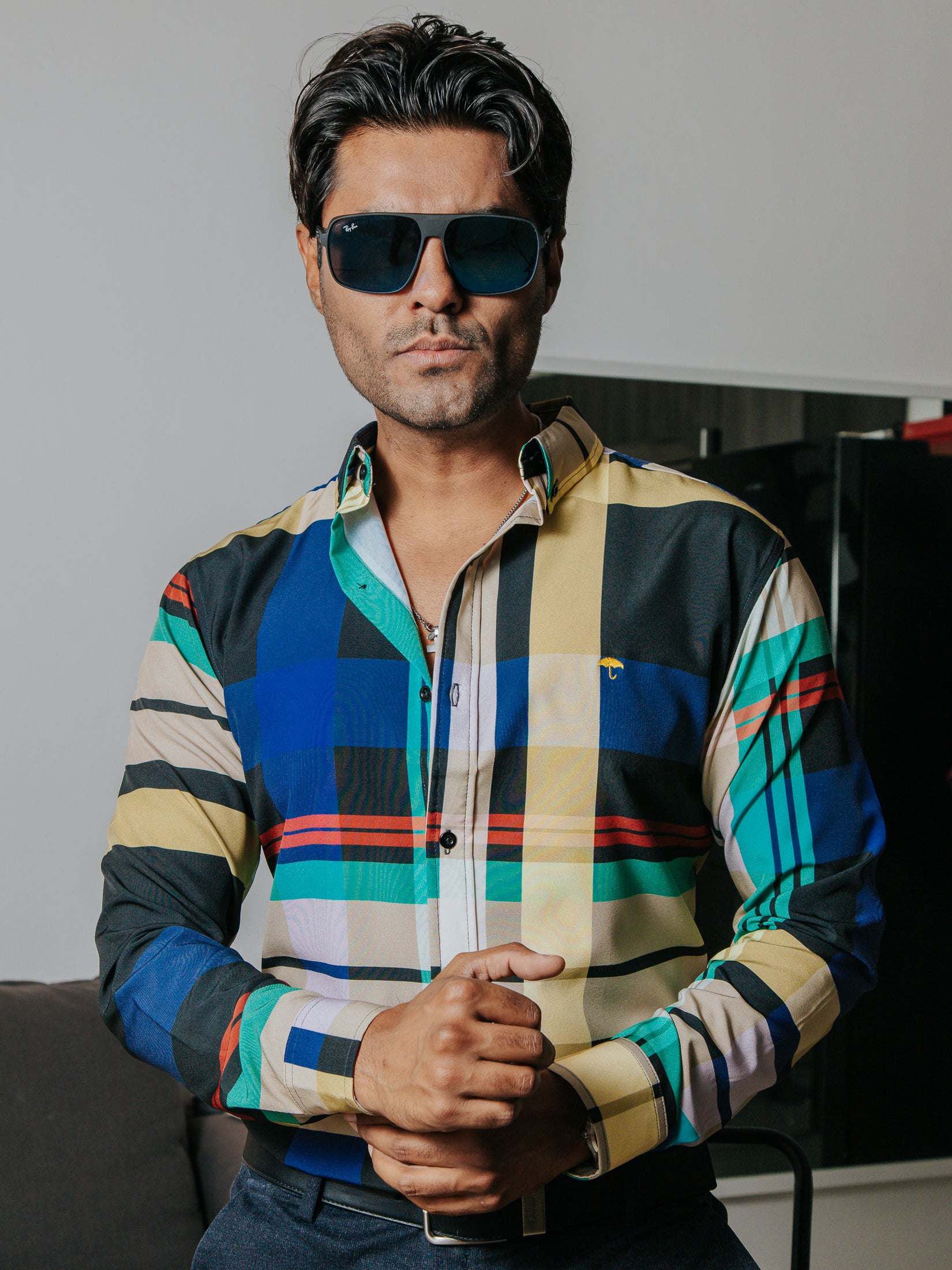 Camisa Casual Hombre, Negro Cuadros Colores - 34 (S)-Tiendas Platino