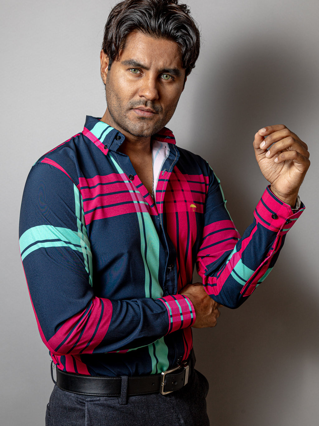 Camisa Casual Hombre, Azul Marino Líneas Rosa Y Azul Turquesa - Tiendas Platino Camisas Hombre 34 (S)