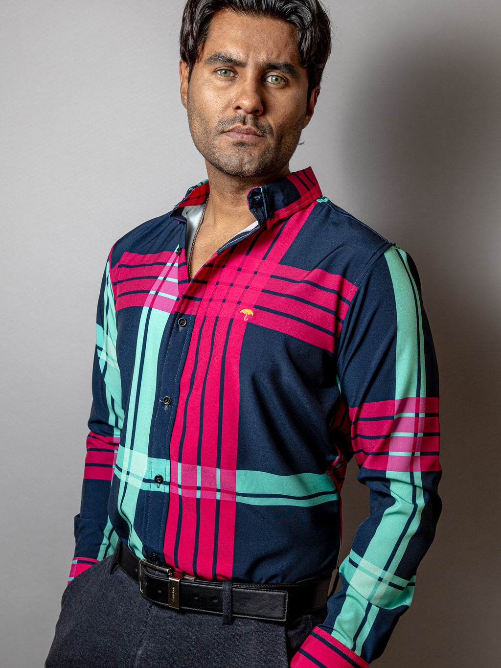 Camisa Casual Hombre, Azul Marino Líneas Rosa Y Azul Turquesa - Tiendas Platino Camisas Hombre 34 (S)